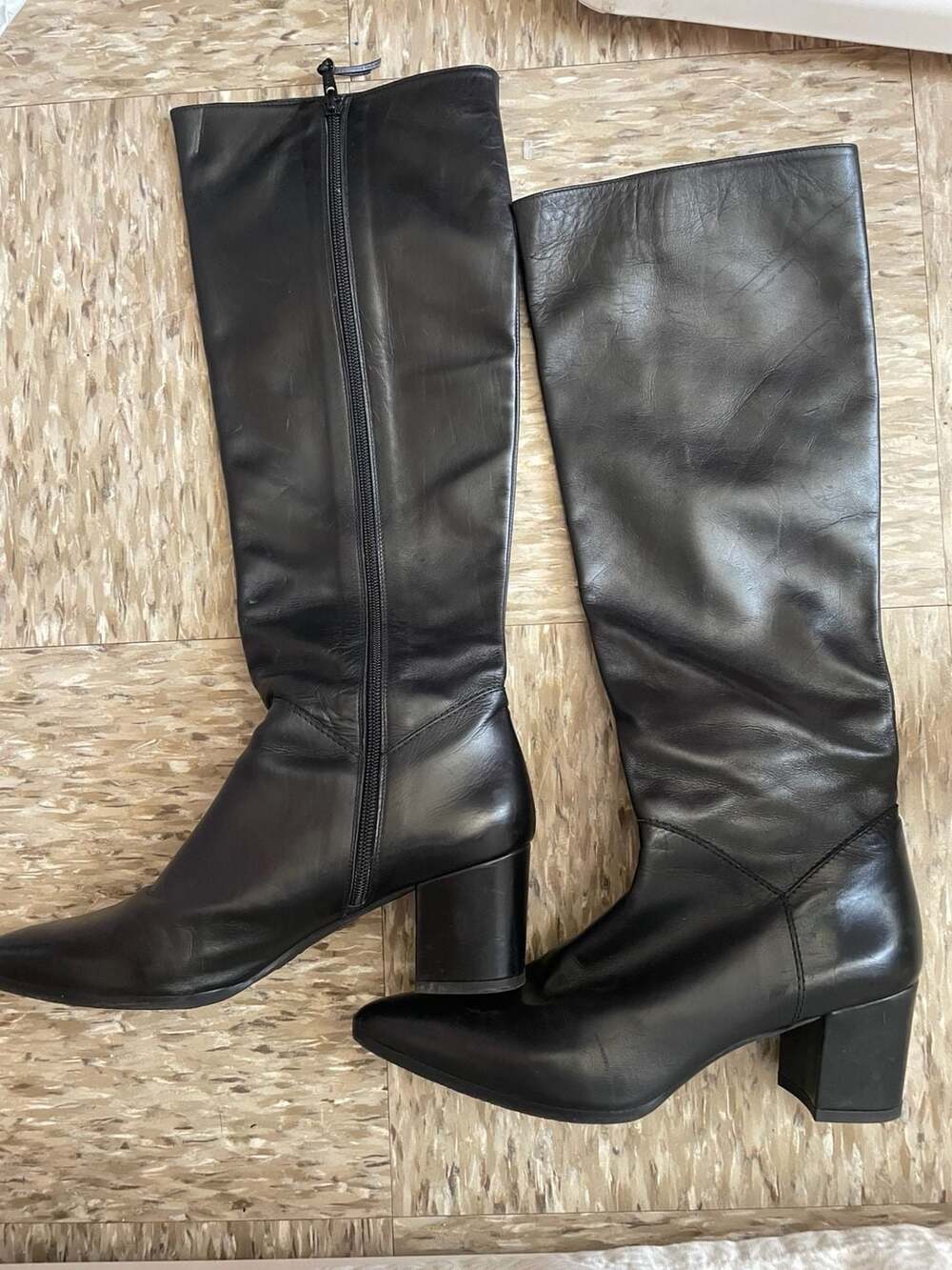 Stuart Weitzman Black Leather Knee-High Boots with Block Heel